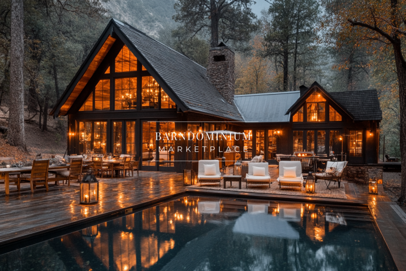 A stunning black barndominium glowing with warm lights, featuring a luxurious pool, elegant outdoor seating, and a serene forest backdrop.