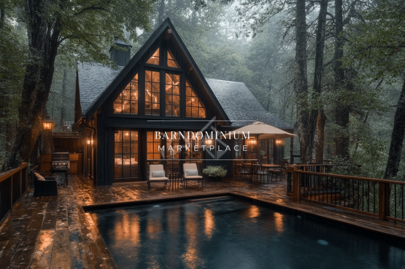 A cozy black barndominium nestled in a misty forest, featuring warm interior lighting, a wooden deck, and a tranquil pool for the ultimate nature retreat.
