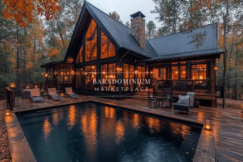 A stunning black barndominium surrounded by autumn foliage, featuring warm glowing lights, a sleek pool, and a rustic-modern design for the perfect seasonal retreat.