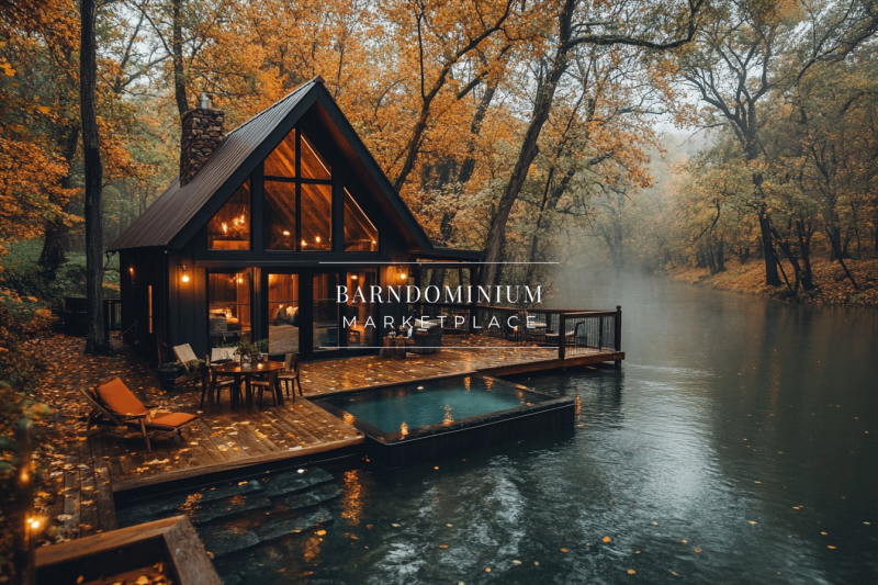 A dreamy barndominium nestled in an autumn forest by the water, featuring warm glowing lights, a cozy deck, and a serene floating pool.