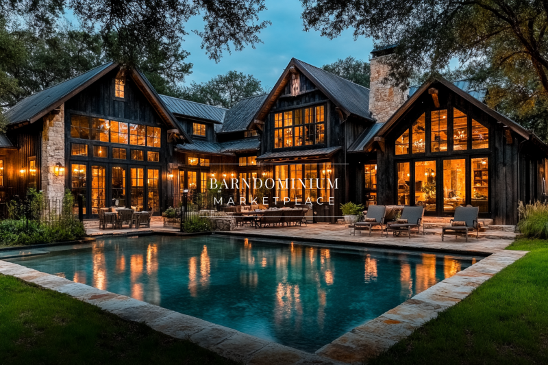 A breathtaking luxury barndominium with warm glowing lights, a pristine pool, and elegant rustic charm, creating the perfect countryside retreat.