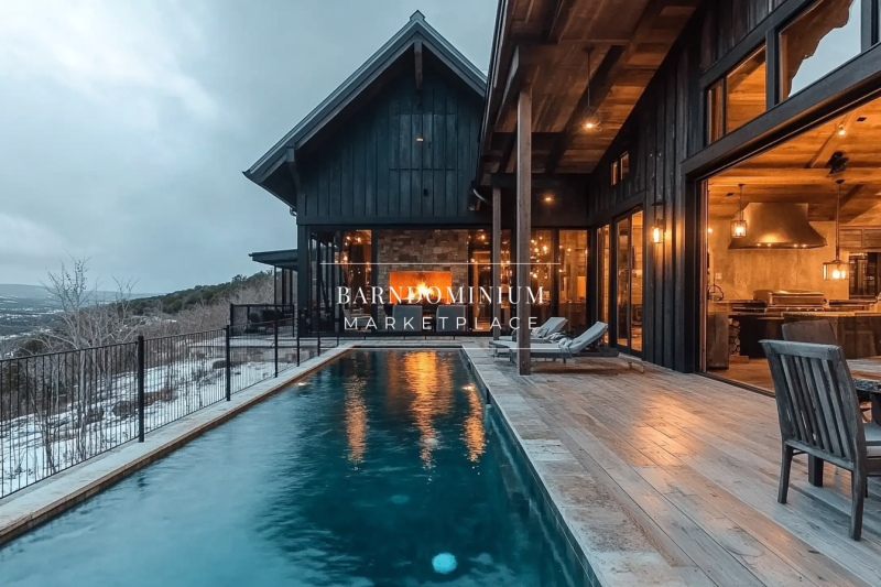 A striking modern black barndominium with a sleek pool, warm interior lighting, and a cozy outdoor fireplace, offering a perfect balance of luxury and rustic charm.