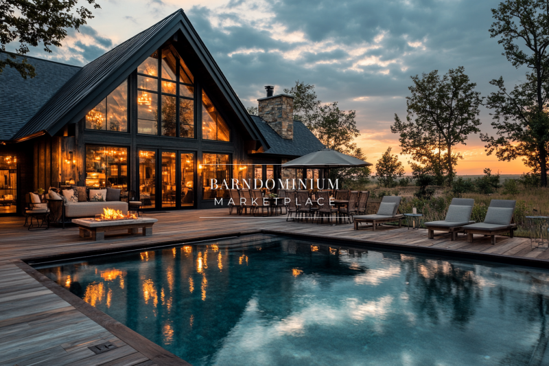 A breathtaking barndominium exterior at sunset, featuring a sleek pool, warm interior lighting, and a cozy outdoor fire pit for the perfect countryside retreat.