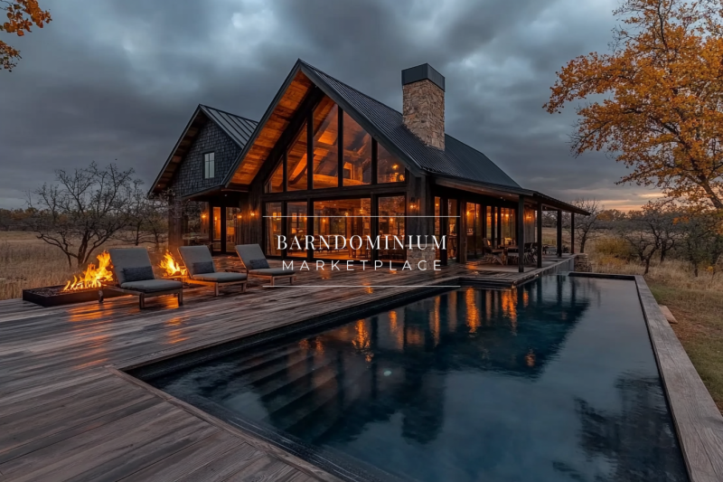 A stunning modern barndominium exterior featuring floor-to-ceiling glass, a cozy fire pit, and a luxurious poolside deck, set against a dramatic evening sky.