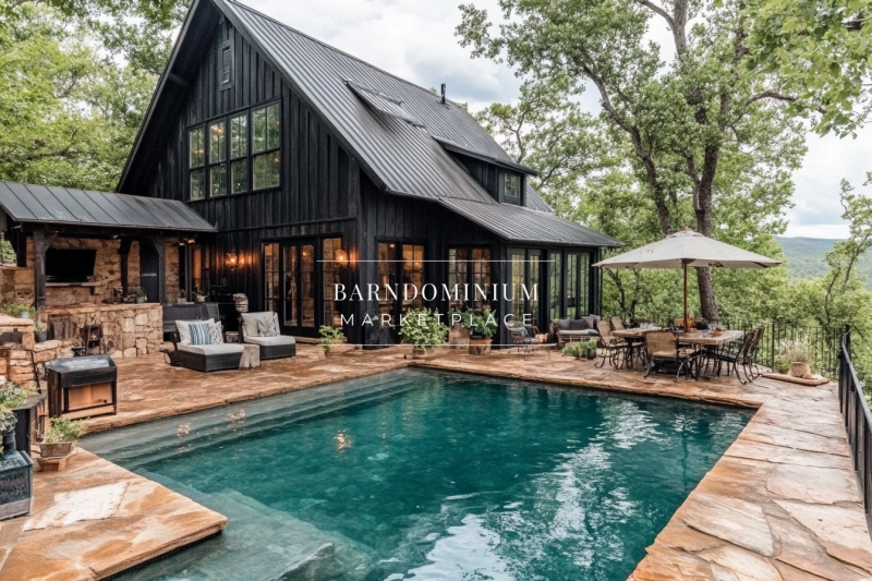 A modern black barndominium nestled in nature, featuring a serene poolside retreat, rustic stone patio, and cozy outdoor living space.