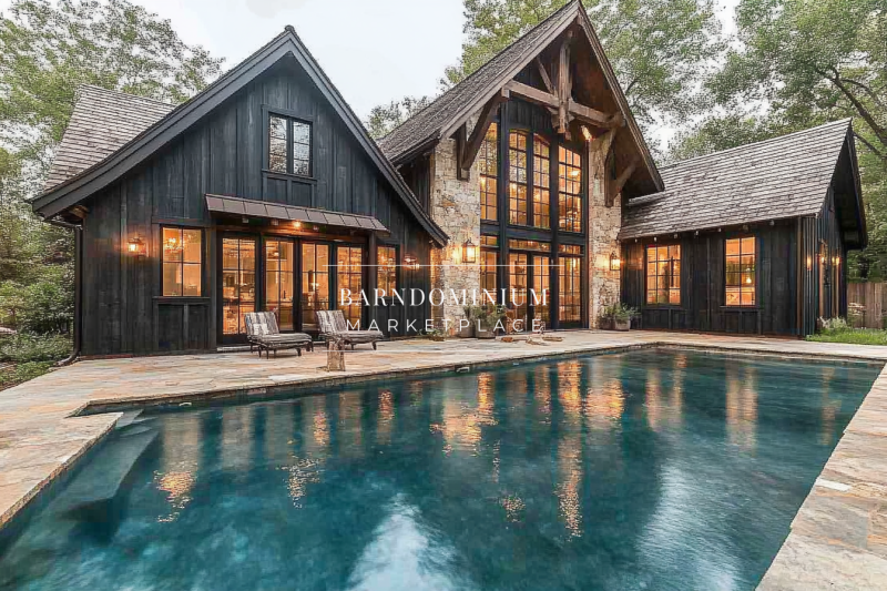 A breathtaking modern-rustic barndominium with a serene pool, large glass windows, and a warm, inviting ambiance.