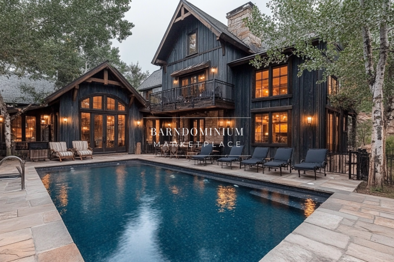 A luxurious dark-toned barndominium with a private pool, elegant lighting, and a tranquil outdoor lounge area surrounded by nature.