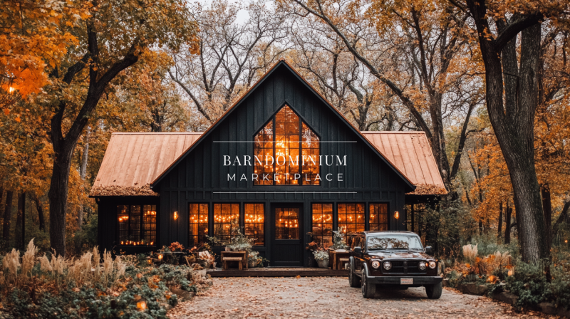 A stunning black barndominium nestled in an autumn forest, featuring warm interior lighting, a modern rustic design, and a cozy countryside ambiance.
