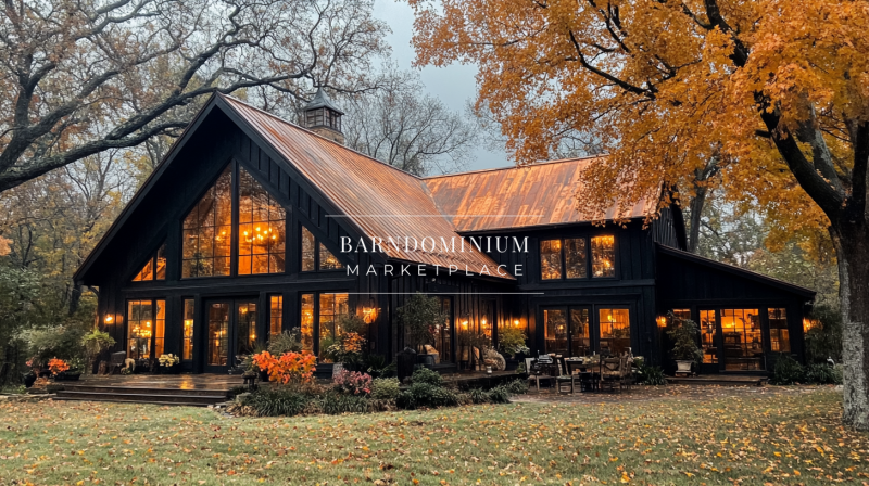 A breathtaking black barndominium with a rustic copper roof, large glass windows, and warm interior lighting, set against a beautiful autumn backdrop.