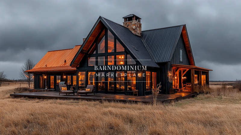 A modern black barndominium with expansive glass windows, a cozy stone chimney, and a contrasting copper roof, set in a serene open field under a moody sky.
