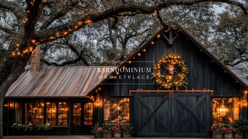 A beautifully decorated black barndominium with warm string lights, a festive wreath, and a rustic barn door, creating a magical and cozy holiday ambiance.