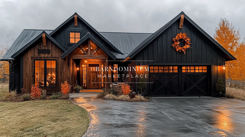 A gorgeous black barndominium with a welcoming front entrance, glowing lights, and fall-themed decorations, creating a cozy and elegant countryside home.