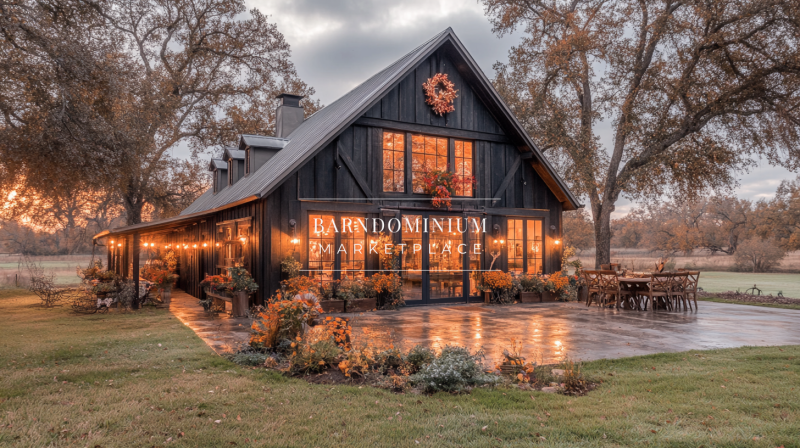 A stunning black farmhouse-style barndominium with warm glowing lights, autumn décor, and a cozy outdoor seating area, set in a peaceful countryside landscape.