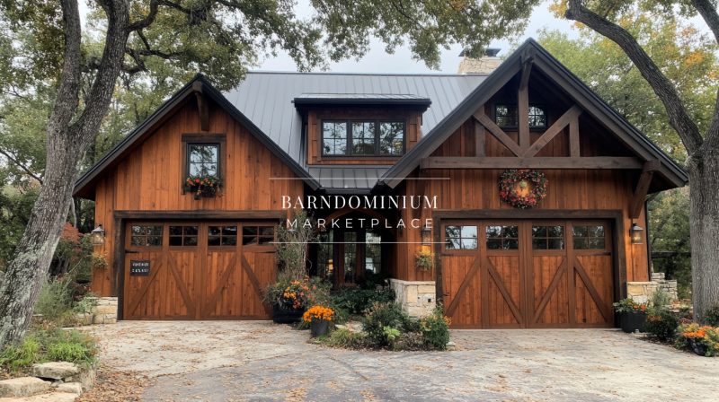 Charming rustic barndominium with rich wooden tones, large garage doors, and warm autumn décor, nestled among towering oak trees.