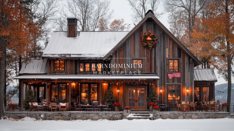 Charming rustic barndominium in a snowy winter setting, adorned with warm holiday lights and festive decor.