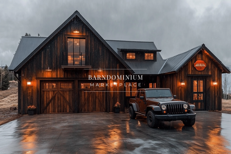 Modern rustic barndominium with warm lighting, featuring a stylish black Jeep parked in the driveway, creating the perfect rugged luxury aesthetic.