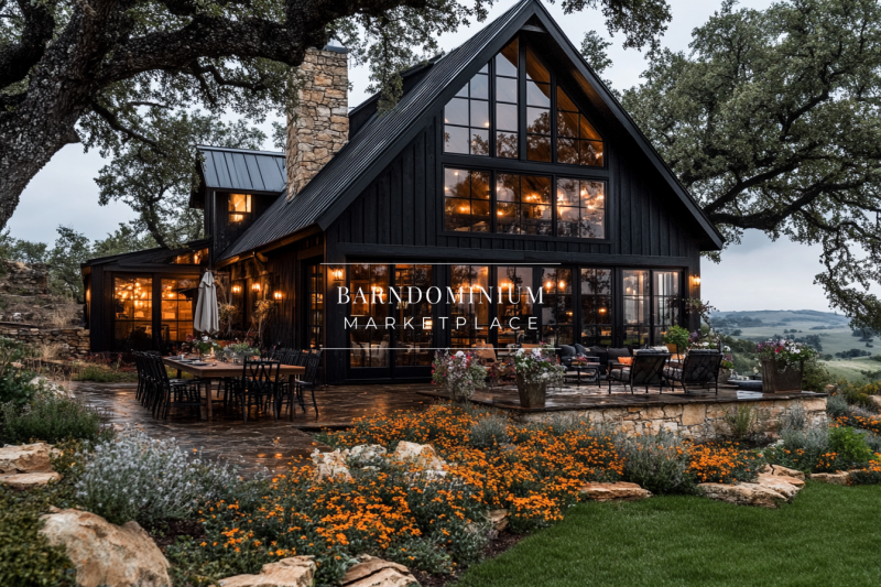 Modern black barndominium with floor-to-ceiling windows, warm lighting, and lush landscaping, blending rustic charm with contemporary elegance.