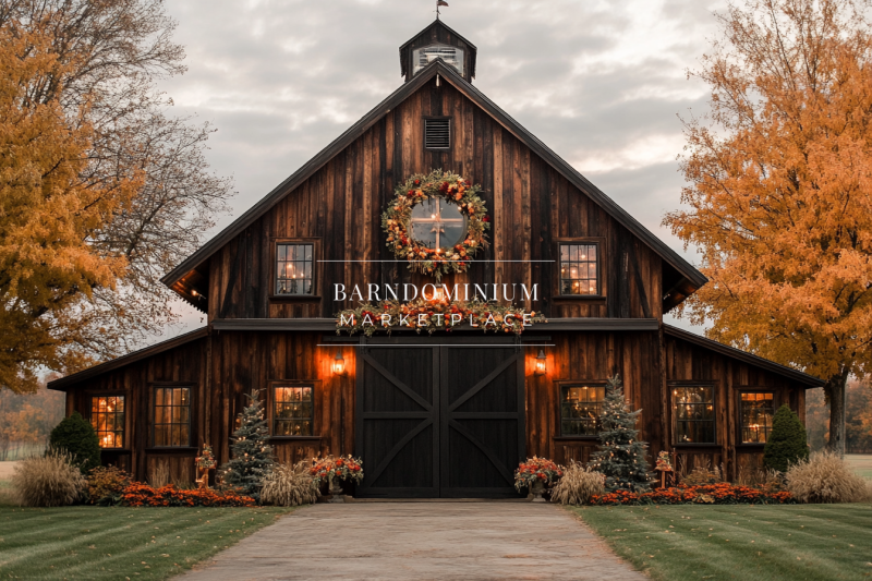 Rustic barn-style barndominium adorned with festive autumn décor, warm wood tones, and a grand wreath, creating the perfect seasonal countryside retreat.