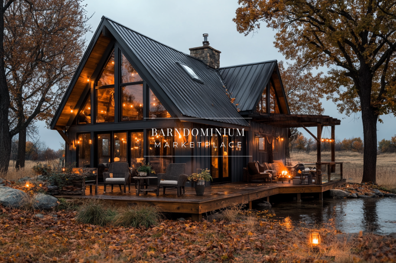 Stunning black barndominium with floor-to-ceiling windows, warm glowing lights, and a serene deck overlooking a peaceful pond, perfect for a cozy retreat.