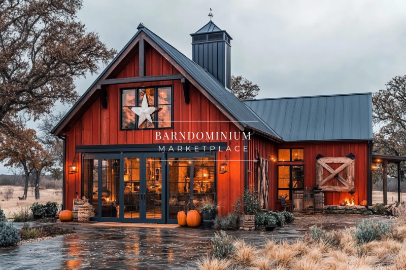 Rustic red barndominium with farmhouse charm, warm lighting, and classic barn-style details, creating the perfect countryside retreat.