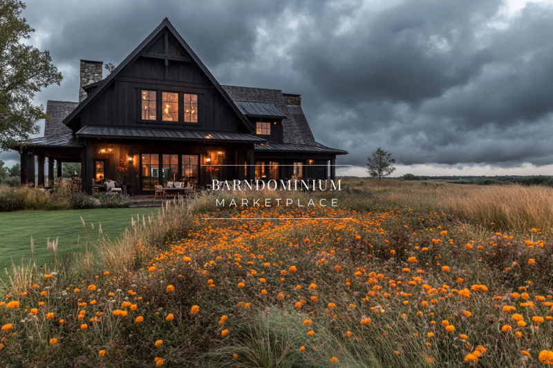 Dramatic black barndominium surrounded by a field of wildflowers, with warm lighting and a moody sky creating a striking countryside retreat.