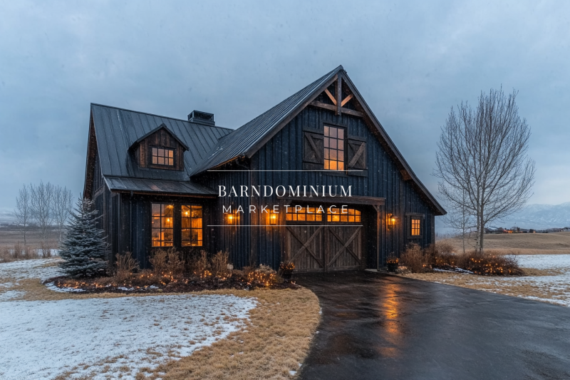 Charming black barndominium with rustic wood accents, warm lighting, and a serene winter landscape, creating the perfect countryside escape.