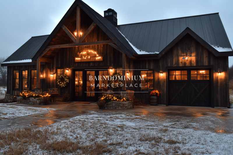 Rustic black barndominium with warm holiday lighting, wood accents, and a cozy winter ambiance, creating the perfect farmhouse retreat.
