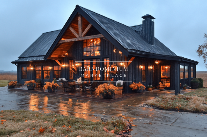 Stunning modern barndominium exterior with warm lighting, black metal siding, and rustic wood accents, perfect for a cozy countryside retreat.