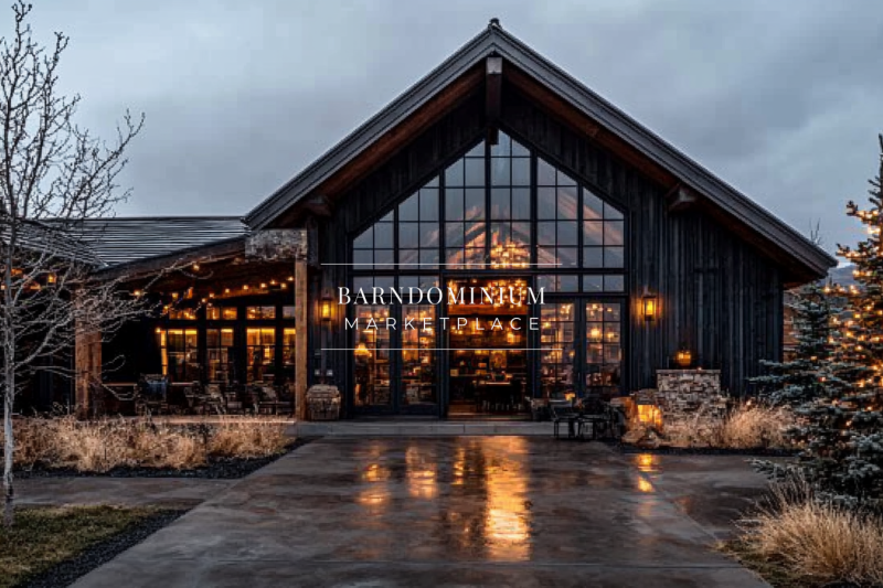A stunning black barndominium with large glass windows reflecting warm interior lighting, creating a cozy ambiance on a rainy evening.