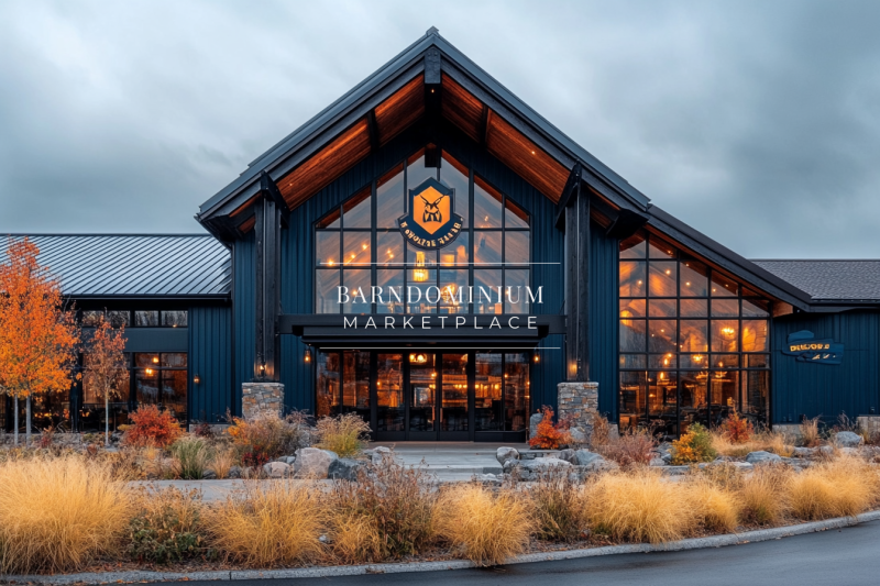 A modern black barndominium with grand glass windows, warm interior lighting, and a rustic-industrial aesthetic, set against a dramatic cloudy sky.