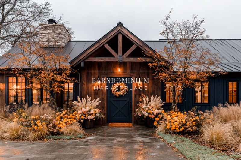 A charming rustic farmhouse with dark wood siding, a cozy front porch, and warm autumnal landscaping, beautifully decorated for fall.