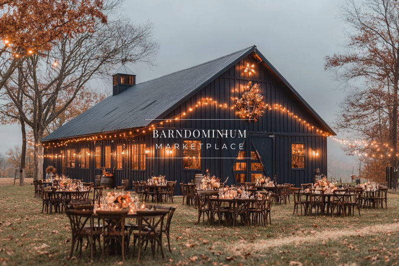 A beautifully lit black barn-style event venue with warm string lights and elegantly arranged outdoor seating, creating a magical countryside wedding setting.