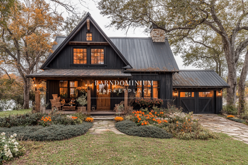 A modern black barndominium with warm lighting, rustic charm, and beautifully landscaped surroundings, creating the perfect cozy retreat.