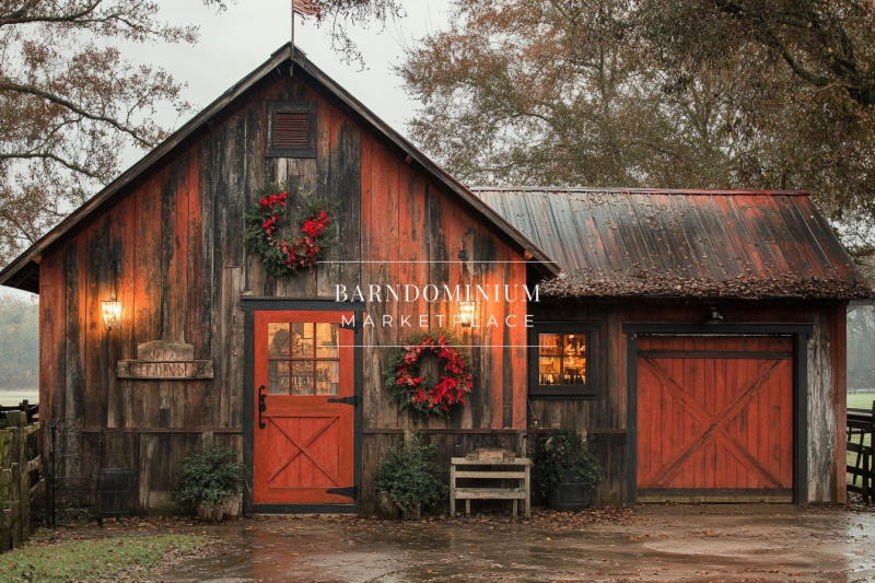A rustic barndominium exterior with weathered wood, festive holiday wreaths, and warm glowing lights on a rainy countryside evening.