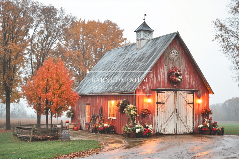 A charming red barndominium with a weathered tin roof, warm glowing lights, and festive floral decor, set against a beautiful autumn backdrop.