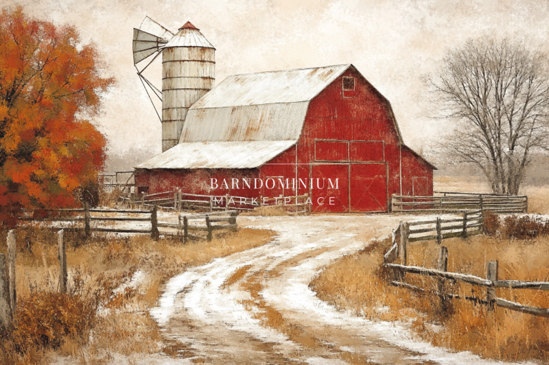 A classic red barn with a snow-dusted roof, rustic fencing, and a scenic countryside backdrop, capturing the charm of rural winter.
