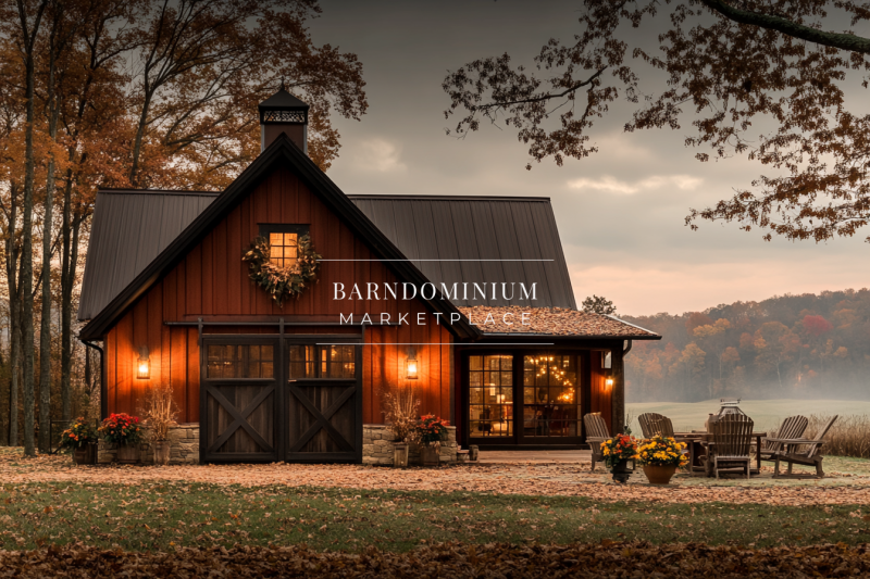 A cozy autumn barndominium exterior with warm lighting, rustic charm, and a peaceful countryside backdrop.