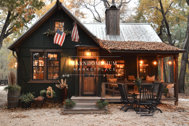 A cozy rustic barndominium exterior with warm lighting, vintage decor, and a welcoming front porch surrounded by nature.