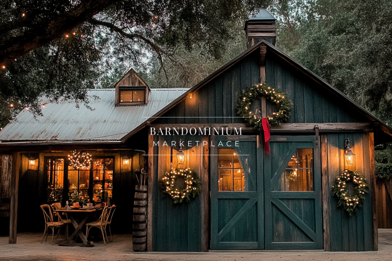 Festive rustic barn adorned with Christmas wreaths and warm glowing lights, creating a cozy holiday ambiance.