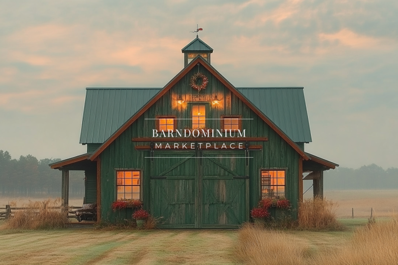 A charming barndominium exterior with a classic barn-style design, warm lighting, and a cozy countryside atmosphere.