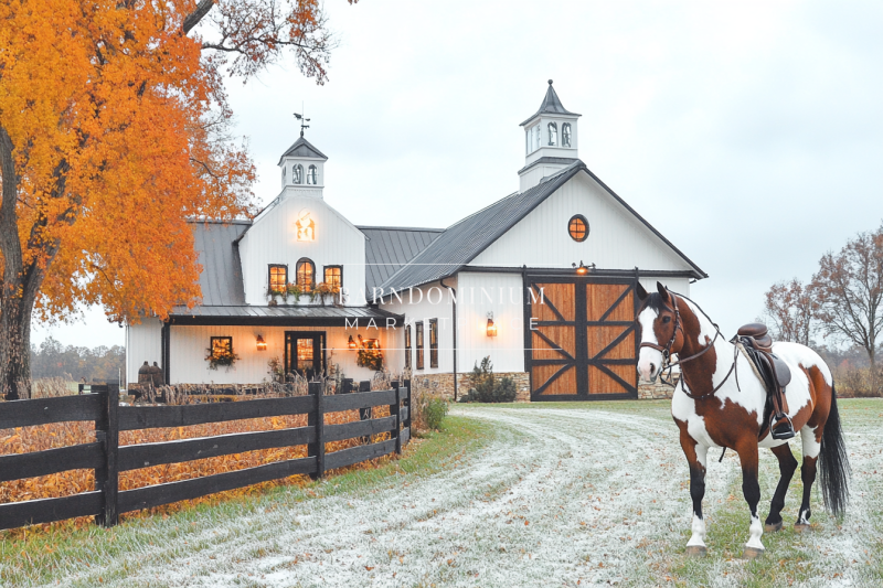 Elegant white barndominium with classic barn-style doors, surrounded by autumn foliage and a picturesque horse, creating a dreamy countryside scene.