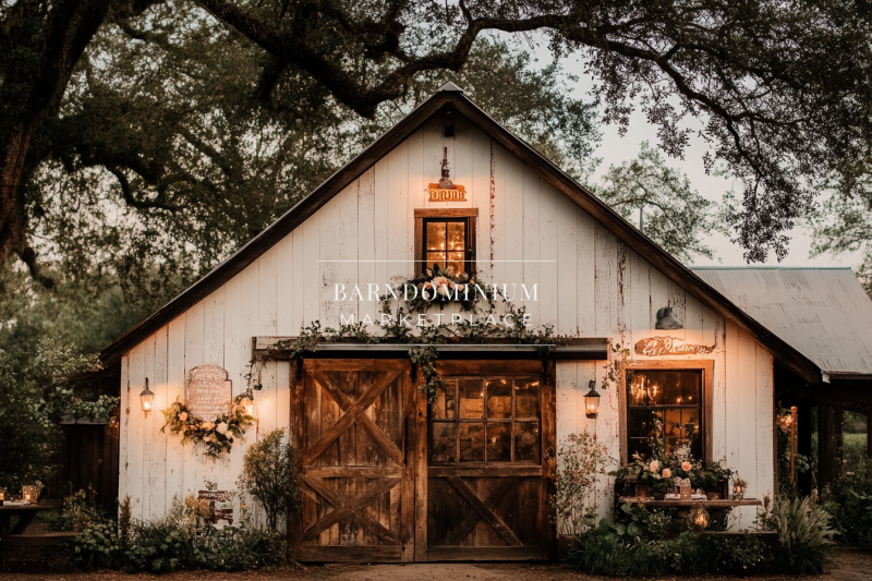 Charming rustic barn with weathered white walls, wooden sliding doors, and warm ambient lighting, surrounded by lush greenery and vintage décor.