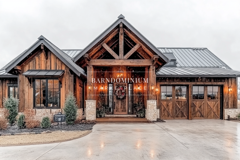 Charming rustic-modern barndominium with exposed wood beams, stone accents, and a cozy front porch, perfect for country living.