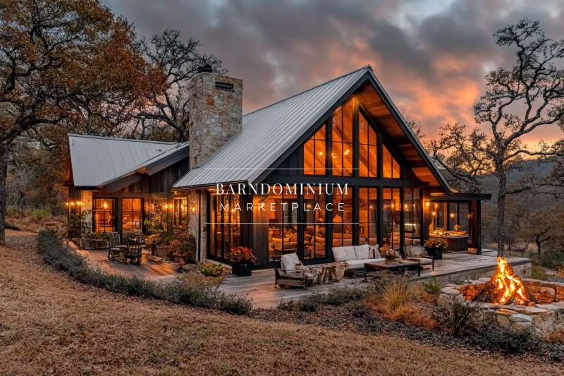 Modern rustic cabin with floor-to-ceiling windows, warm lighting, and an outdoor fire pit, set against a dramatic sunset sky.