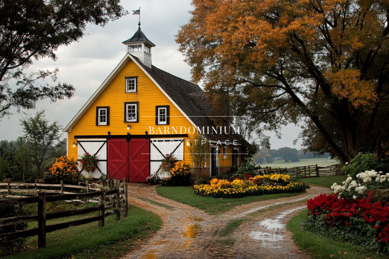Charming countryside barn with a bright yellow exterior, red doors, and a classic cupola, surrounded by lush gardens and autumn foliage.