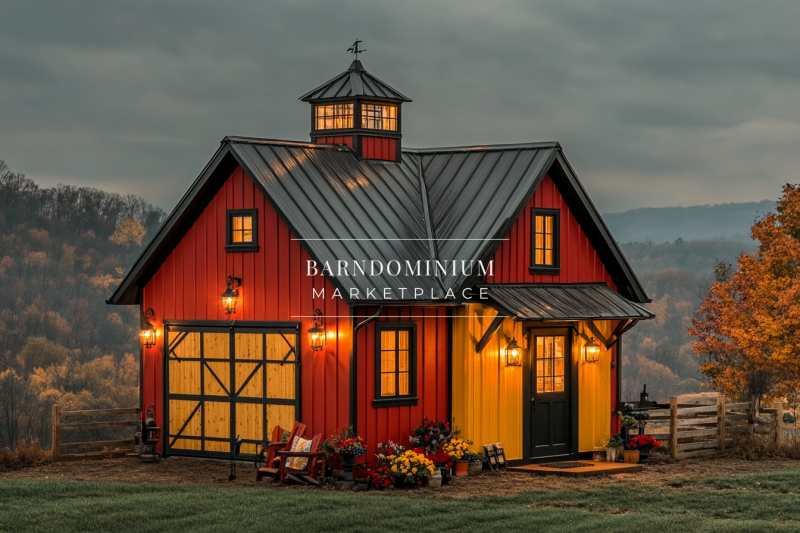 Rustic red and yellow barn-style home with a black metal roof, warm lighting, and a scenic countryside backdrop.