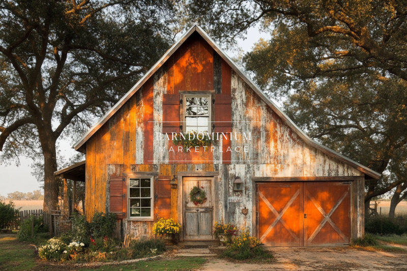 Rustic reclaimed wood barndominium with a weathered exterior, warm tones, and farmhouse charm.