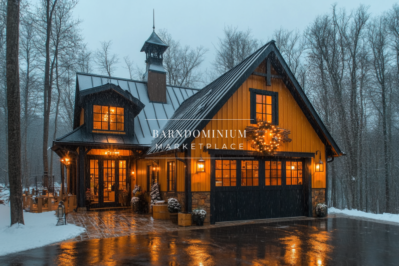 Cozy barn-style home with warm lighting, a black metal roof, and a charming winter setting.