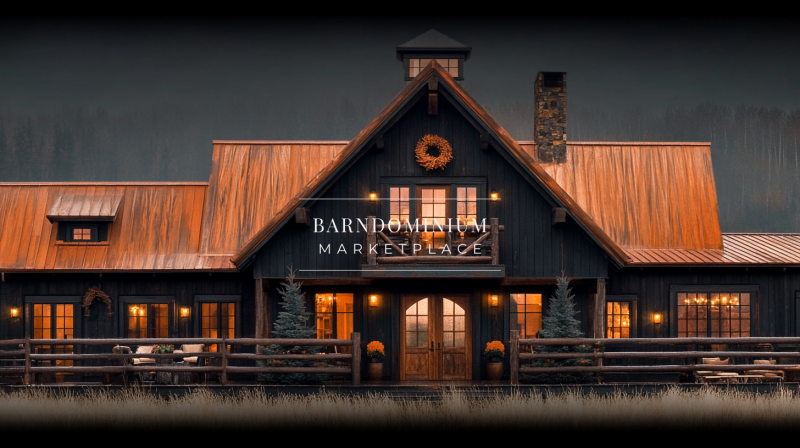 Elegant black barndominium with a copper roof, rustic charm, and warm ambient lighting.