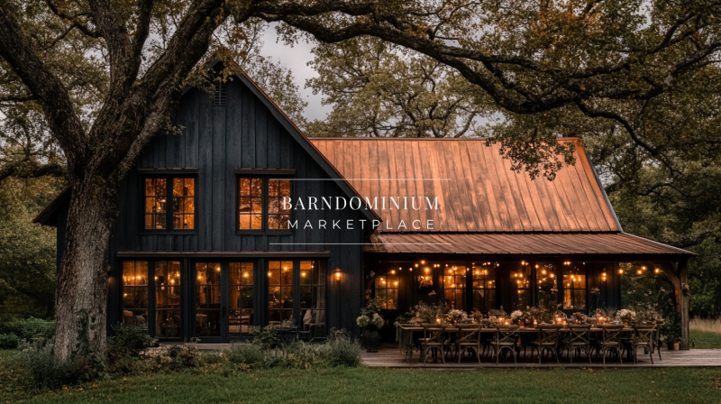 Elegant black barndominium with a copper roof, warm glowing lights, and an enchanting outdoor dining setup.
